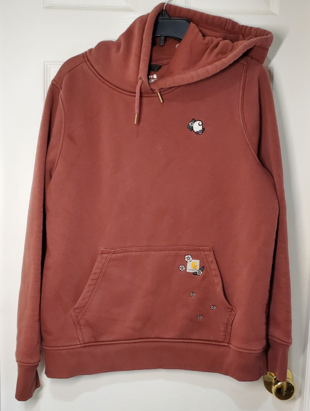 Carhartt Girls Large 12-14 Relaxed Fit Hoodie Floral Embroidered Logo Rust Pink
